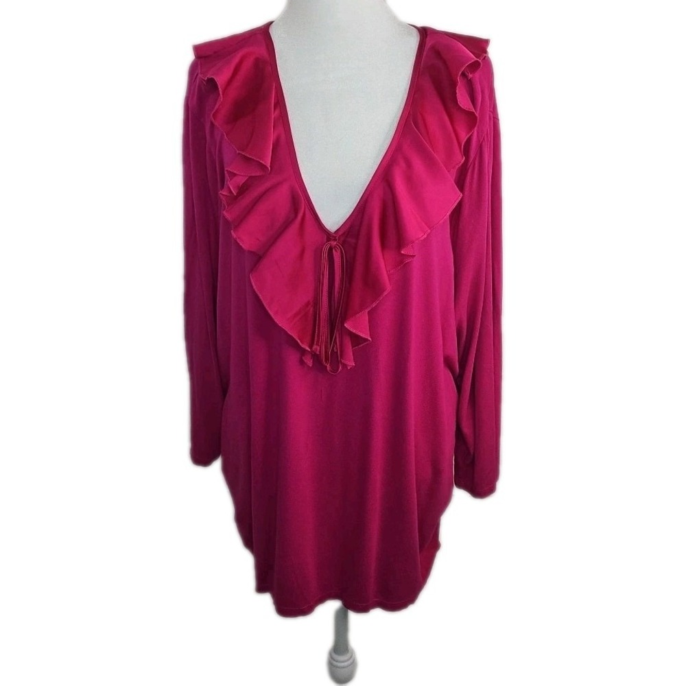 Lauren Ralph Lauren‎ Women's Blouse 3X Dark Fuschia Pink Ruffled Viscose Shirt
